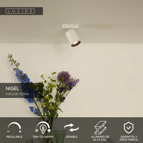 Lucide NIGEL - Foco de techo - LED Dim to warm - GU10 - 1x5W 2200K/3000K - Blanco - USP